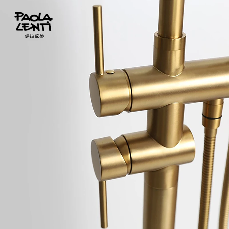 Bathtub-side floor-standing brushed gold hot and cold faucet All-copper vertical shower faucet