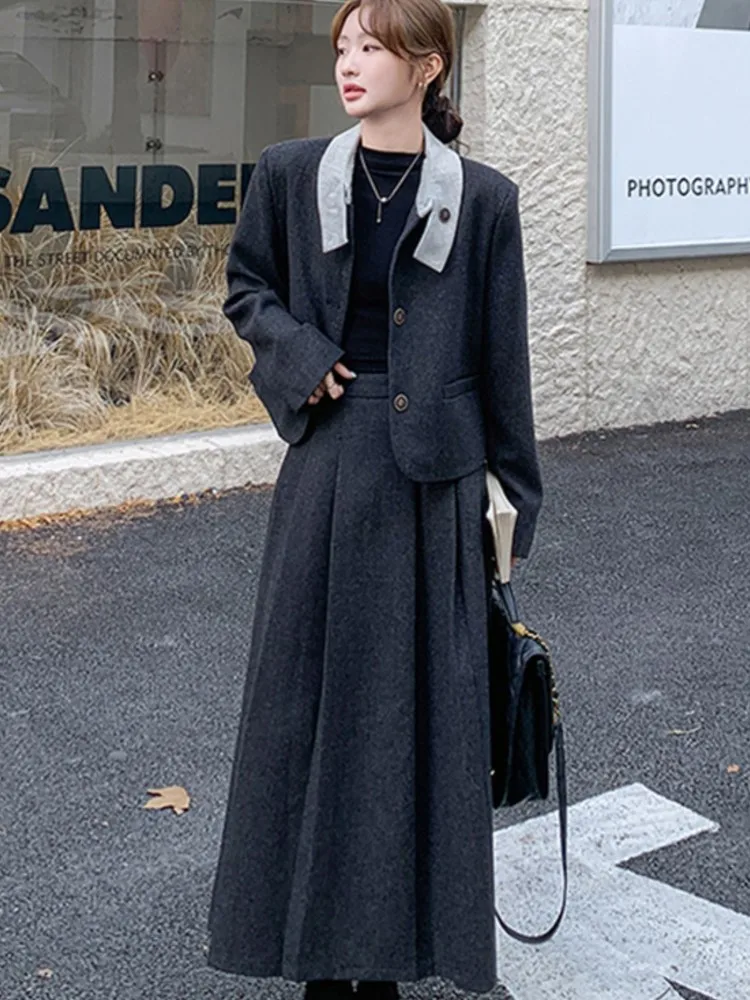 

Женский осенний элегантный костюм с юбкой, корейский повседневный вечерний женский шикарный рабочий костюм, топы с длинными рукавами, однотонная юбка, комплект из двух предметов, новый