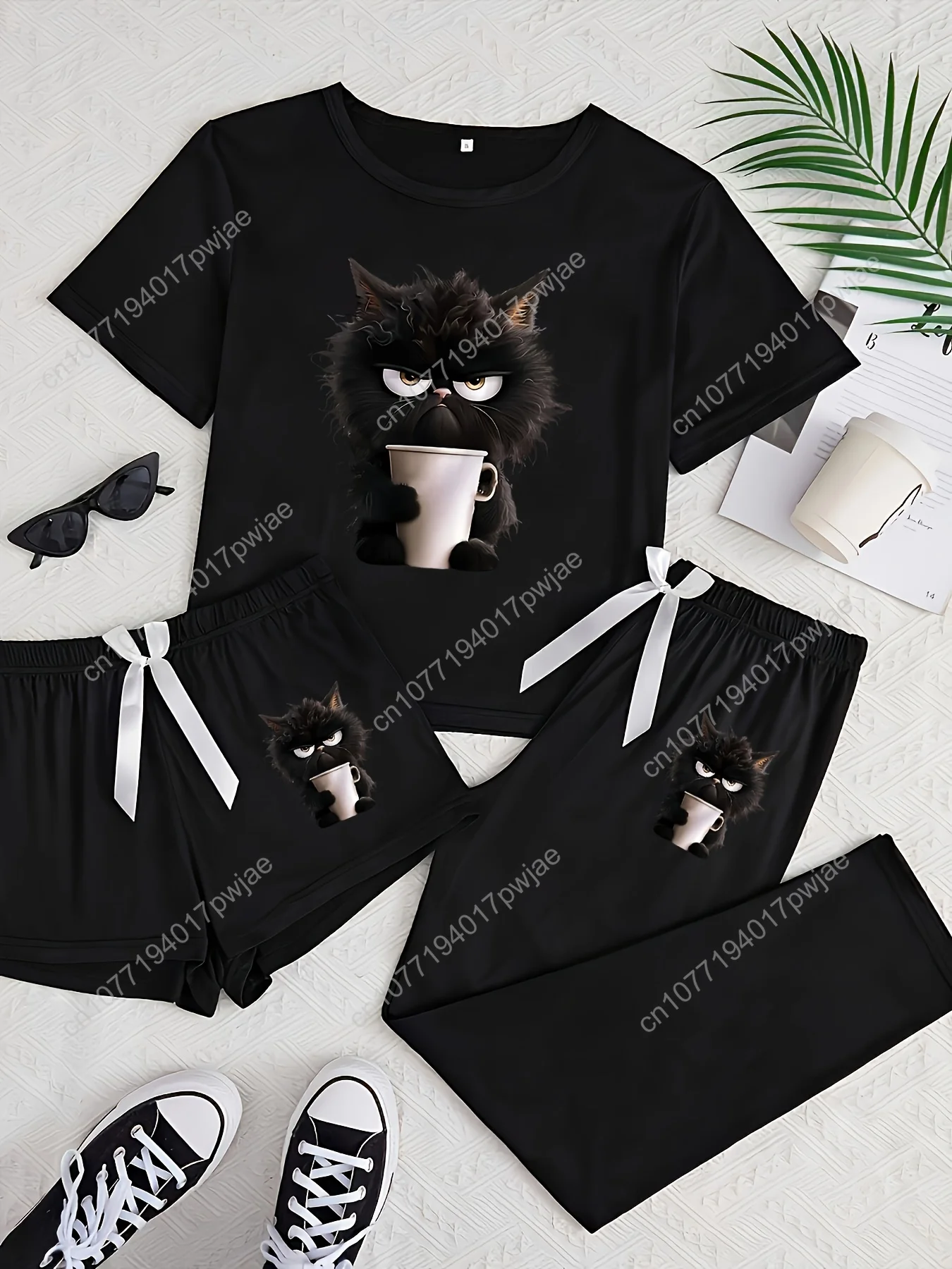 

[Black Cat Pajama Set] Black Cute Cat Print Three-Piece Comfortable Pajama Set, Perfect for Adult, Casual Style, with Bow Detail