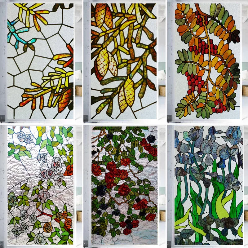 Removable Frosted Glass Film for Bathroom Door, Custom Cut Static Cling Window Stickers, Tropical Floral Wallpaper for Sliding D