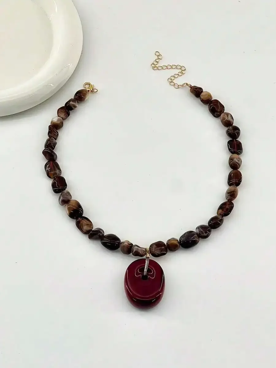 

Bohemian Brown Beaded Pendant Necklace With Red Oval Pendant For Women