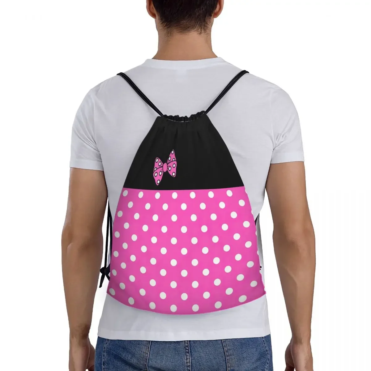 Cute Minnie Mouse Pattern Drawstring Backpack para homens e mulheres, Sport Sack, Foldable Pink Polkadot Shopping Bag, personalizado