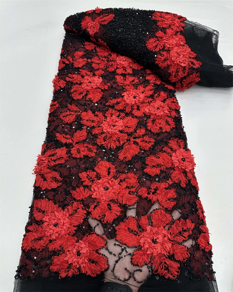 

2025 Elegant French Embroidery Mesh Lace Fabric with Bead And Sequin for African Nigerian Wedding Dresses Fashionable