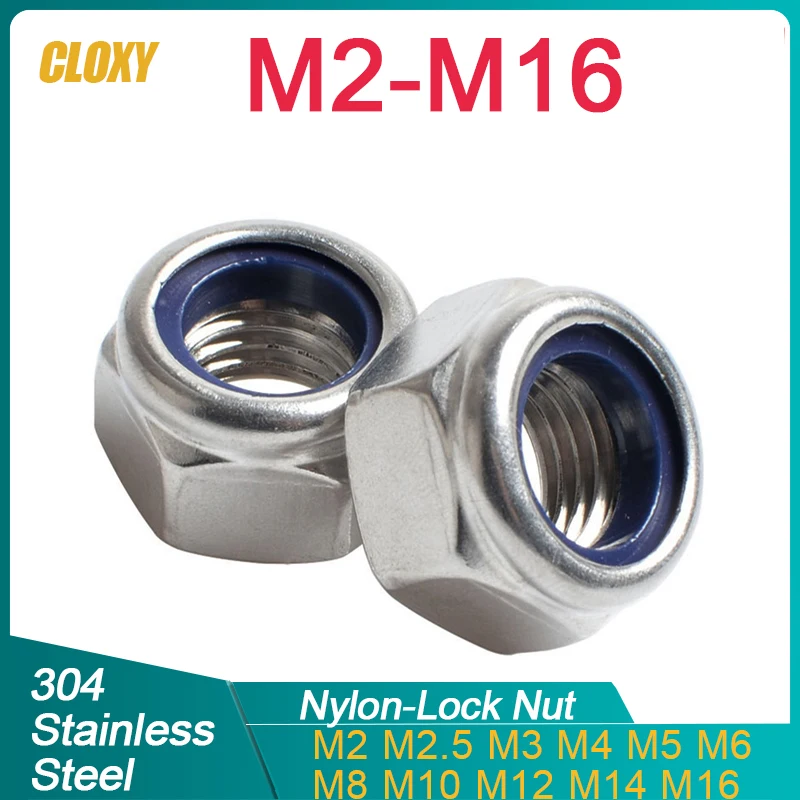 5/ 10/ 20/ 50pcs M2 M2.5 M3 M3.5 M4 M5 M6 M8 M10 M12 M14 M16 304 Stainless Steel Hex Hexagon Nylon Insert Self Lock Nuts