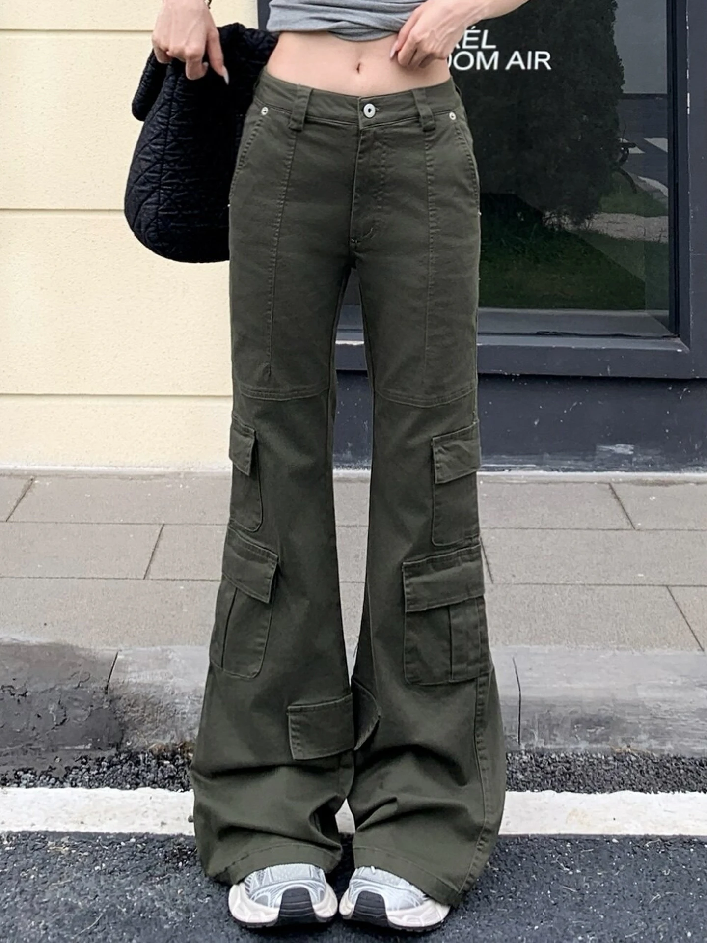 

Slim Fit Military een Workwear Flared Pants Women's Versatile Slimming Jeans Casual Sle l Waist Cotton Denim
