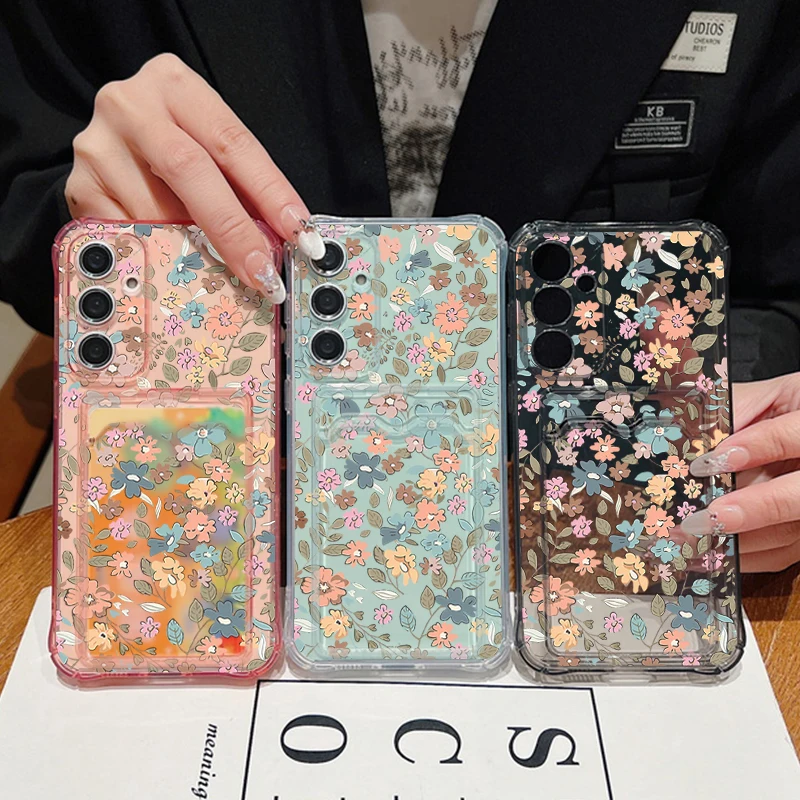 Funda tipo billetera con flores románticas para Samsung Galaxy S25 S24 S22 Ultra S23 S21 FE A55 A54 A35 A25 A15 A16 5G, funda transparente de TPU