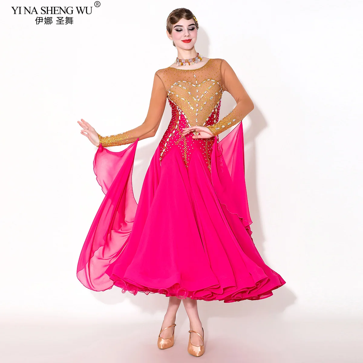 Standard-Walzer-Wettbewerbskostüm, Rundhals-Langarm-Tanzkleid für Damen, Rosenrot, hochwertige rote Ballsaal-Tanzkleidung