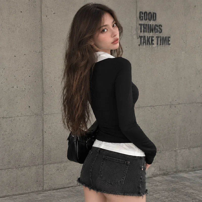 2026 Women Long Sleeve T Shirt Collared Fake Layered Top V Neck Slim Fit Casual Vintage Preppy Style Y2K Fashion Fall Clothing