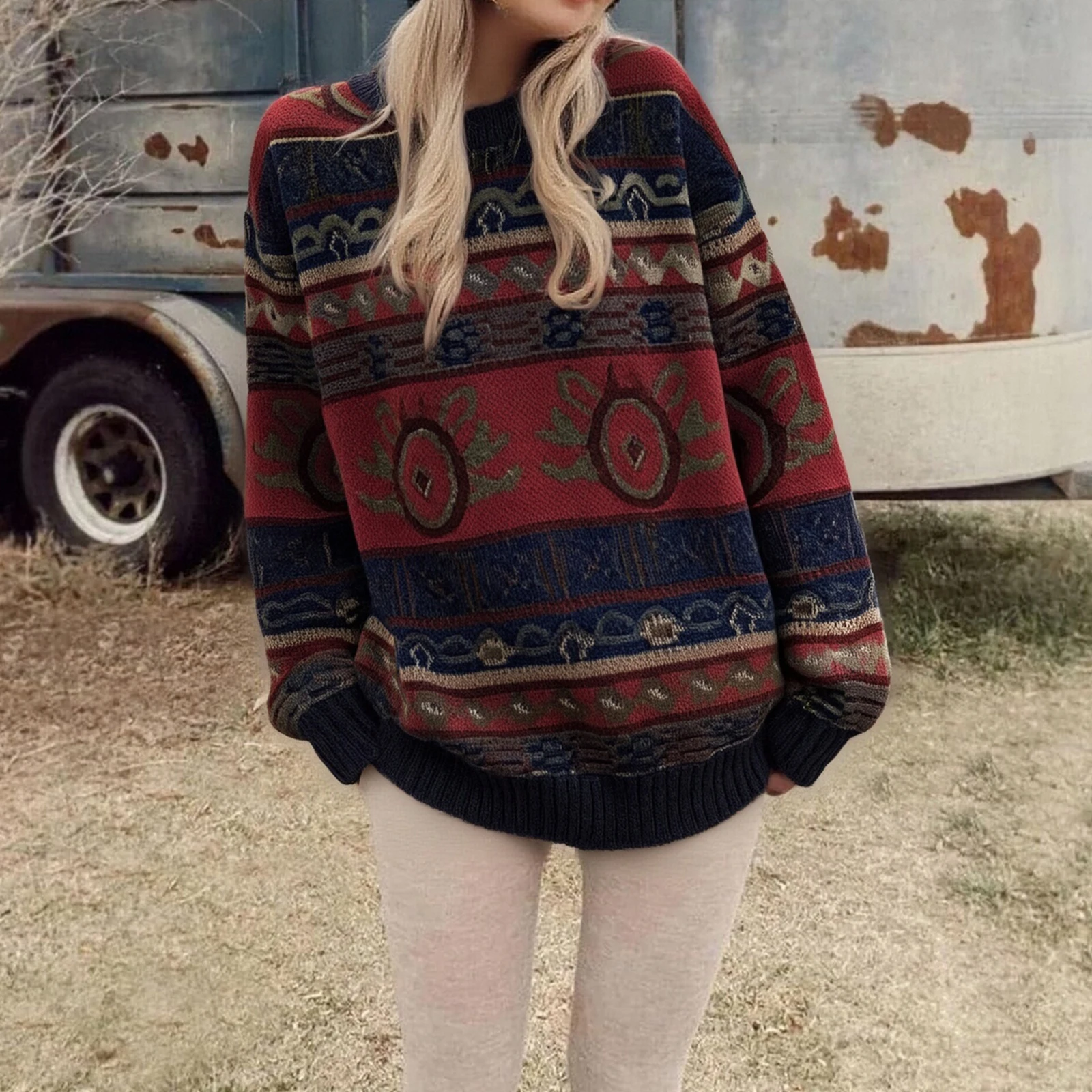 

Combhasaki женский винтажный свитер y2k с графическим узором и принтом в рубчик с круглым вырезом и длинными рукавами, свободный повседневный пуловер в стиле эмо, трикотажные топы