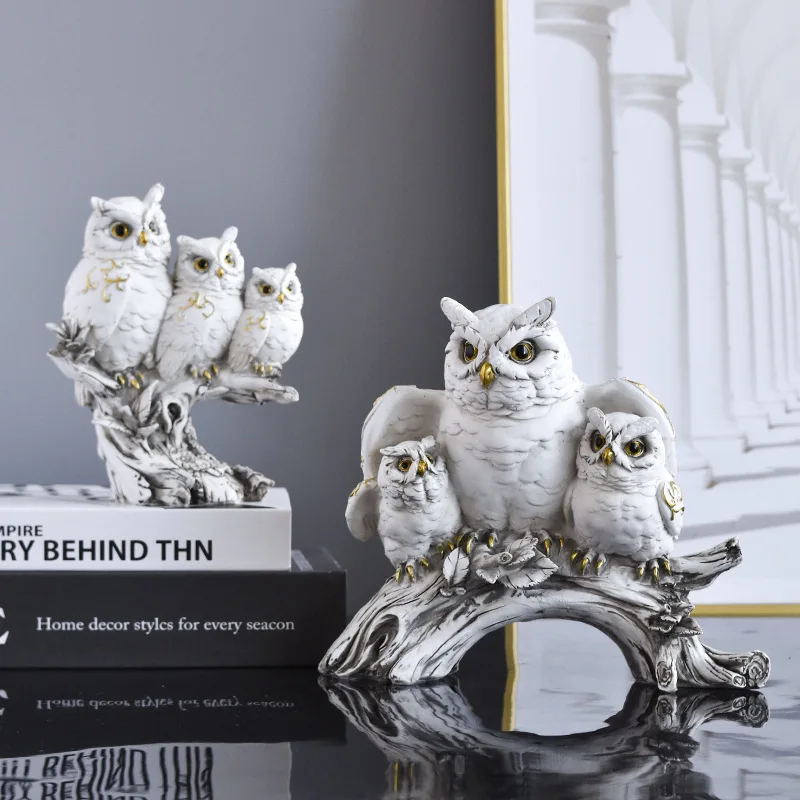 Owl Family Resin Figurine Owls Family Statue on Branch Desktop Ornament Home Office Living Room Tabletop Decor Handicraft Gift