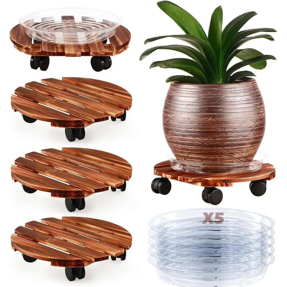 

5-Tier Heavy-Duty Wooden Rolling Plant Stand with 11.8 Wheels and 5 Pack Round Plant Saucers for Indoor/Outdoor Use