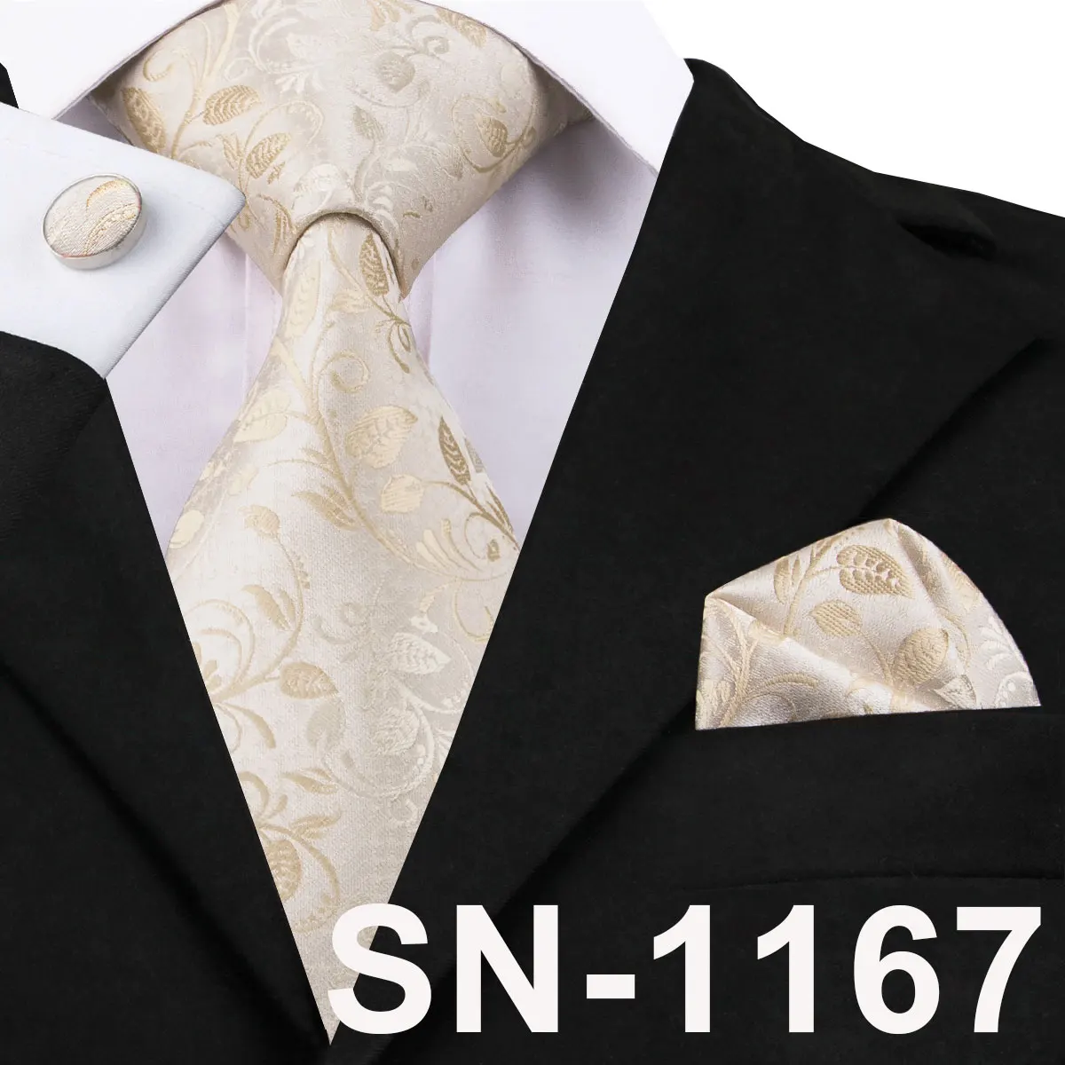 Men's Champagne Ivory White Solid Tie & Cufflinks Set, Wedding