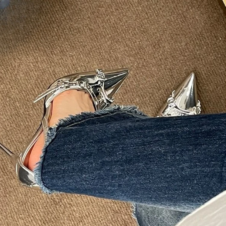 Silver High Heels Sandals Women Summer Punk Goth Pointed Toe Party Shoes Woman Metallic Thin Heeled Dress Pumps Ladies 2023