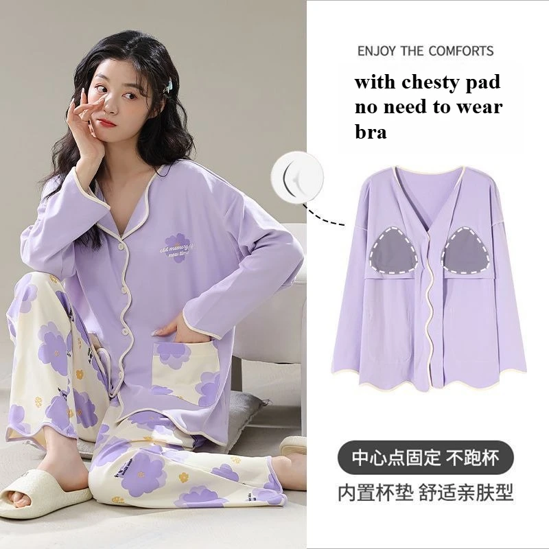 Pijamas De Mujer 2025 New Pajamas for Women with Chast Pad Sleepwear Kawaii Clothes Cute Girl Cardigan Long Sleeves Loungewear