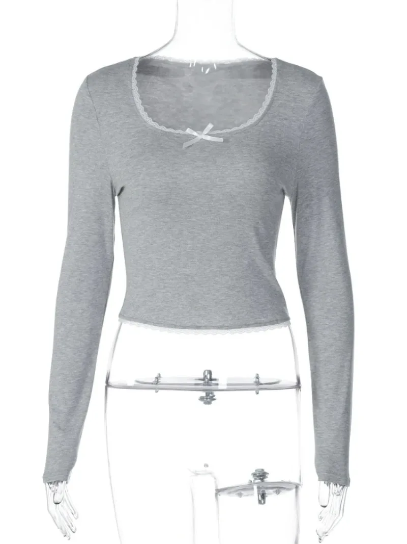 موضة عادية كم طويل رمادي تي شيرت للنساء Y2K الدانتيل المرقعة Bowknot سليم تي شيرت الفتيات ساحة طوق اقتصاص القمم تيز #5