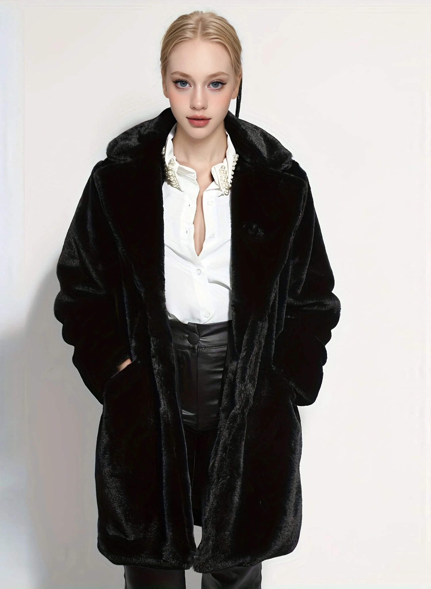 Elegant Directional Faux Rex Rabbit Fur Coat for Women - Mid-Length Solid Color Coat ,Fall Winter Casual Commuter Outerwear