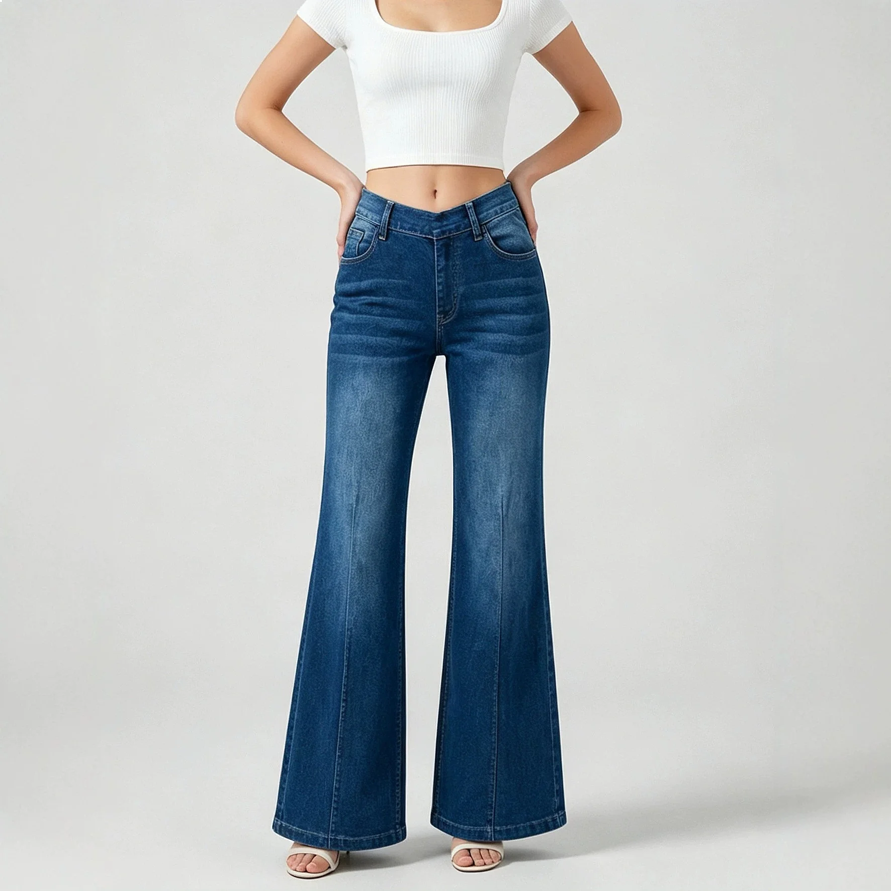 European and American cross-border supply, new temperament elegant straight high waist elastic elastic waist washed denim pants