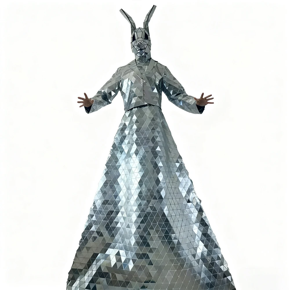 

Silver Rabbit Mirror Costume Stilts Walker Reflective Dress Animal Mask Cosplay Stage Performance Nightclub Bar Clothing for Men