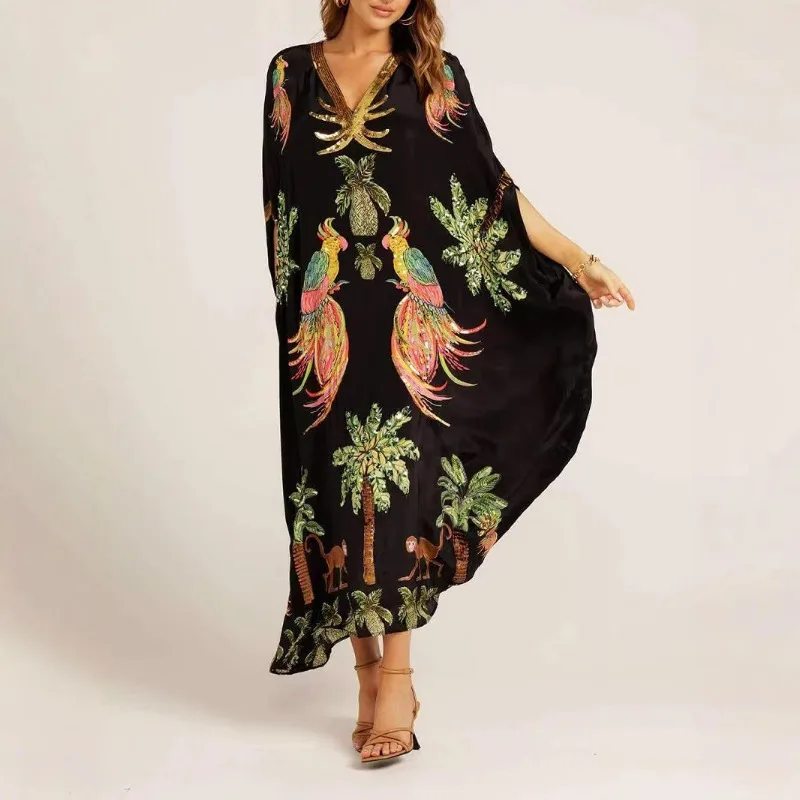 Robe kaftan à imprimé tropical pour femmes, col en V, manches chauve-souris, coupe ample, robe maxi de plage