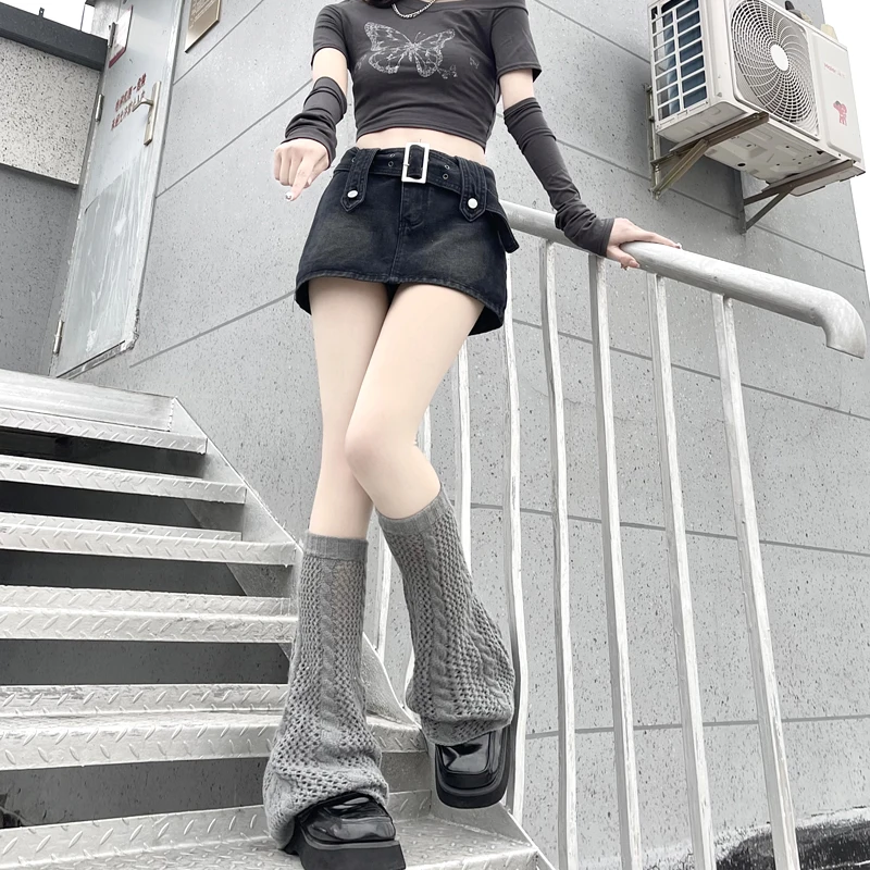 Summer Japanese Hot Girl Knee Sleeve Warm Leg Cover Harajuku White Hollowed Out Knitted Wide Leg Horn 3 Colors