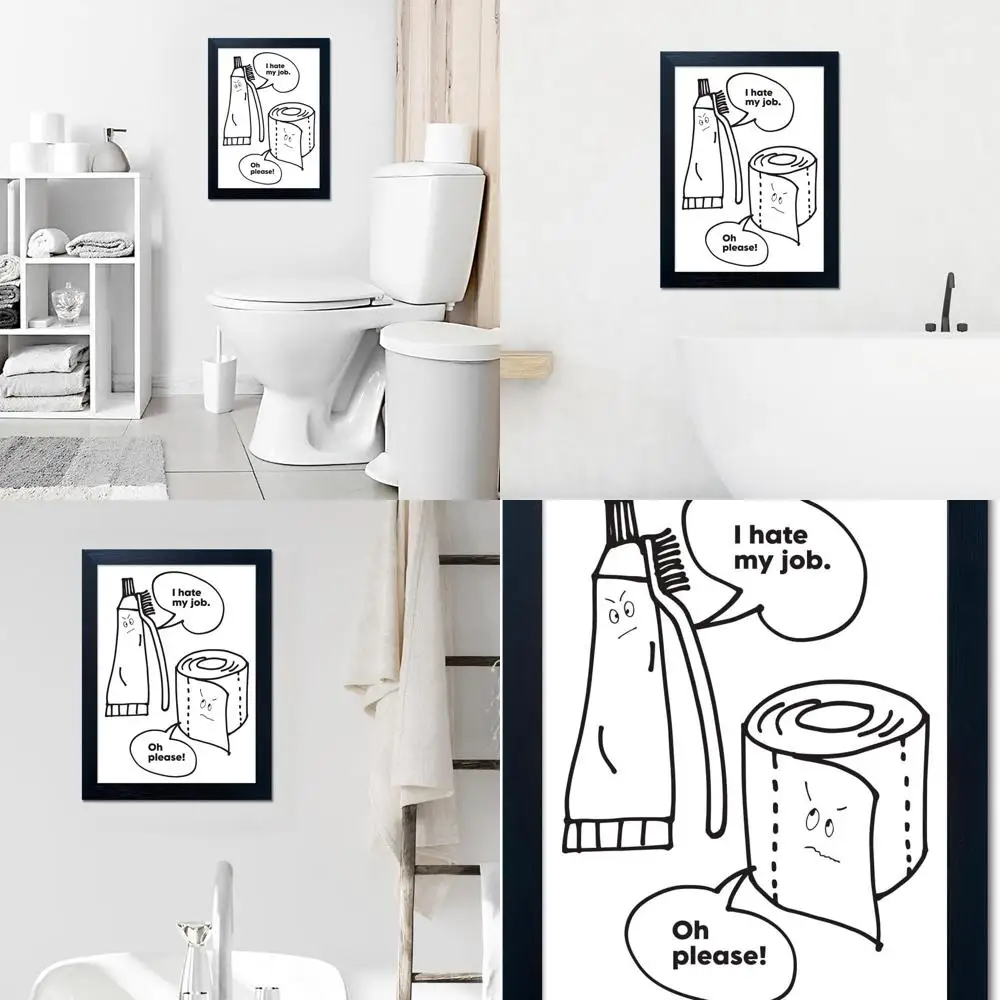 

Charming Monochrome Bathroom Wall Art - Framed Humorous Toilet Decor - Canvas Print with Whimsical Quote