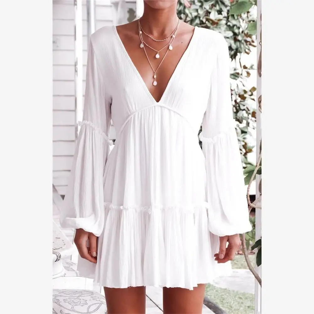 Summer Faion White Vne Lantern Sve Loose Women Dr Street Sle Cotton Long Sve Princ Gonna Aline Dr