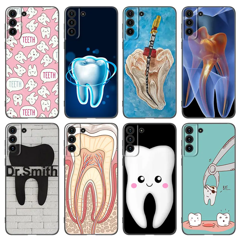 Dentist Tooth Pattern Phone Case For Samsung Galaxy S22 S21 S20 Ultra FE S10E S10 Lite S9 S8 Plus S7 Edge Soft TPU Black Cover