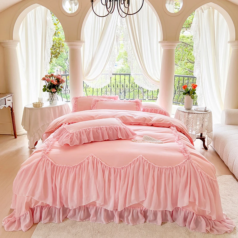 Luxury Princess Bedding Set Egyptian Cotton Pink Lace Duvet Cover Bed Skirt Bedspread Pillowcases Girl Bedroom Home Textile