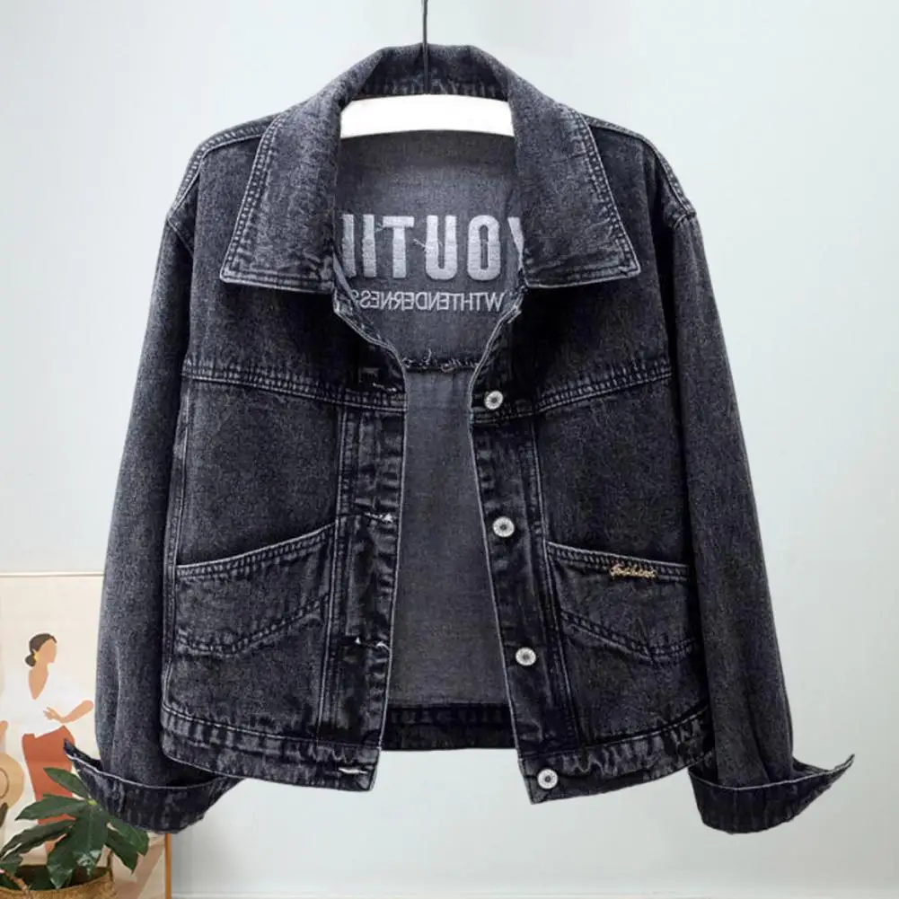 Women Jacket Turn-down Collar Long Sleeve Outerwear Buttons Embroidery Pockets Short Type Denim Hip Hop Streetwear Lady Coat