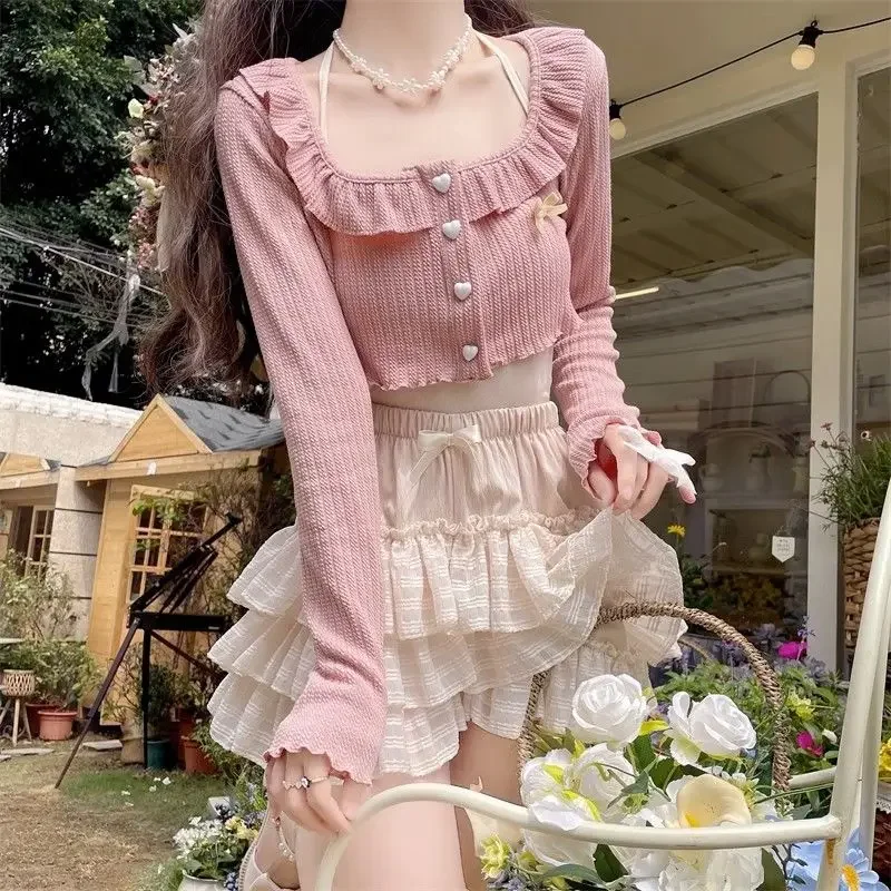 Y2k Kawaii Sweet Ruffles Square Collar Long Sleeve Cardigan Coat+ High Waist Ruched A-line Cake Shorts Skirts New Two Piece Sets