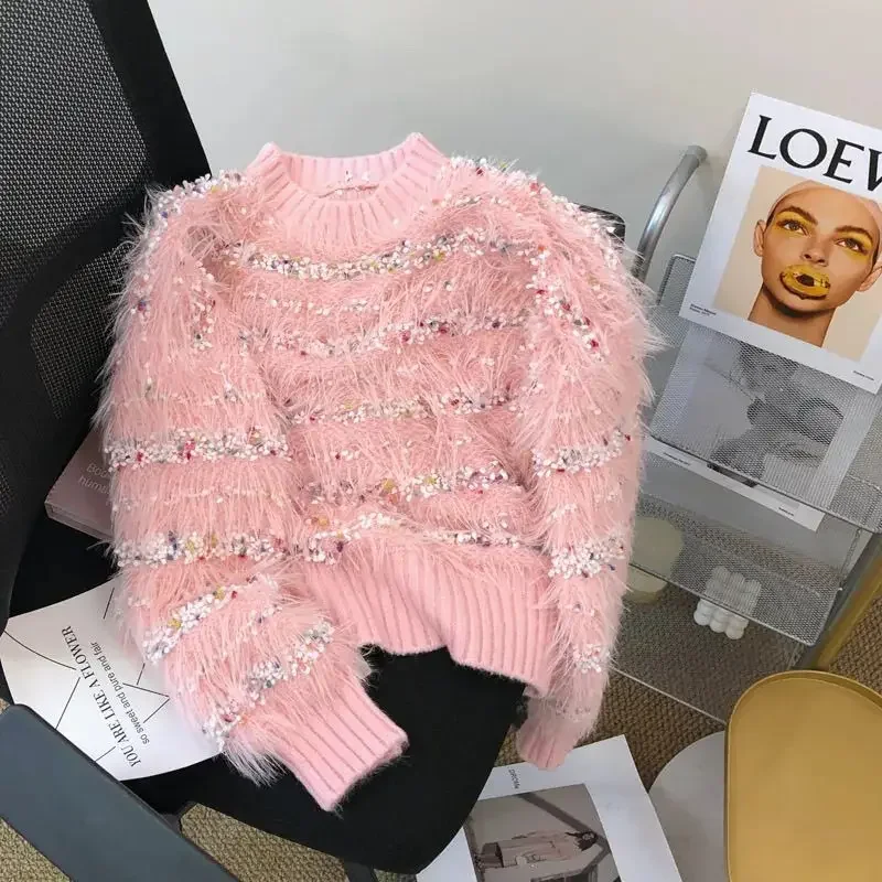 Koreańska wersja luźnego wzornictwa miękki woskowy sweter w paski damski jesienno-zimowy nowy sweter z golfem top w stylu zachodnim