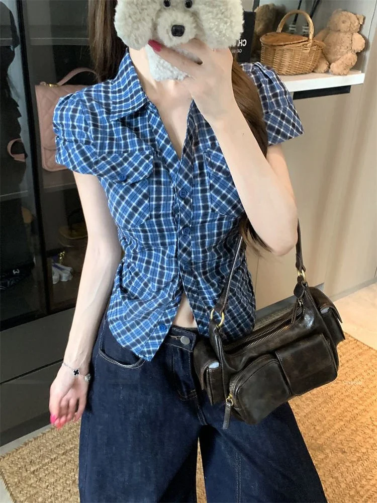 

American Sle ort Sve Plaid irt Women's Slim Fit Sweet And Spicy Girl Summer 2026 New Sle Top V-ne ort Length