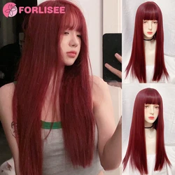 FORLISEE Synthetic Rose Wine Red Long Straight Hair With Bangs Wig Matte High-temperature Silk Breathable And Natural In Summer