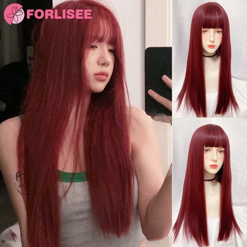 Forlisee-Peluca De Cabello Liso Largo Sintético, Rosa, Vino,