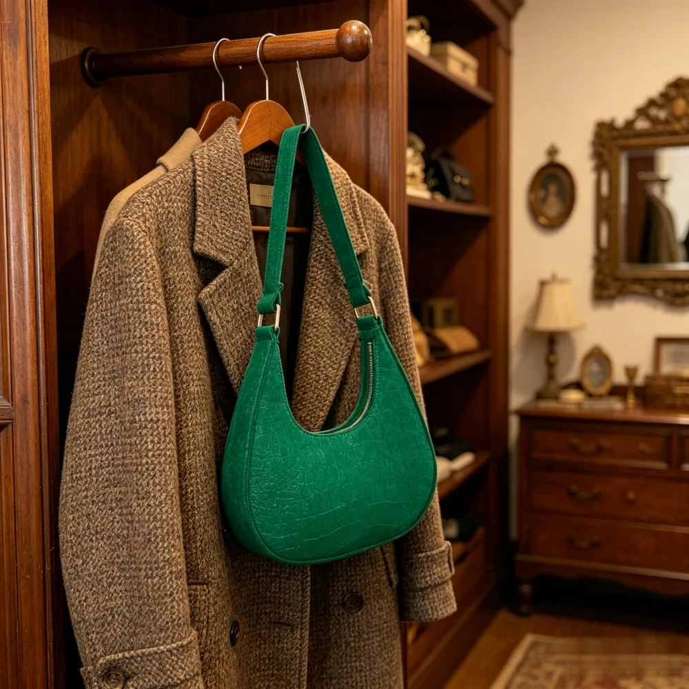 Green Croc Embossed Underarm Bag, Trendy Crescent Hobo Purse, Casual Women’s Shoulder Handbag for Summer