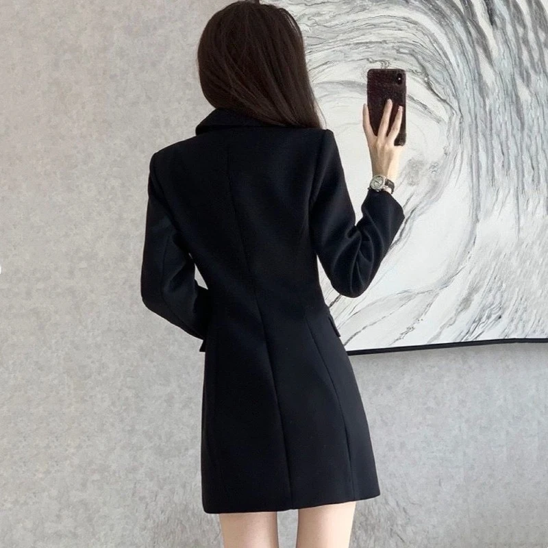 Premium Women's Black Double Breasted Slim Fit Mid Length Blazer 2026 Spring Autumn New Arrival Stylish Unique Suit Jacket
