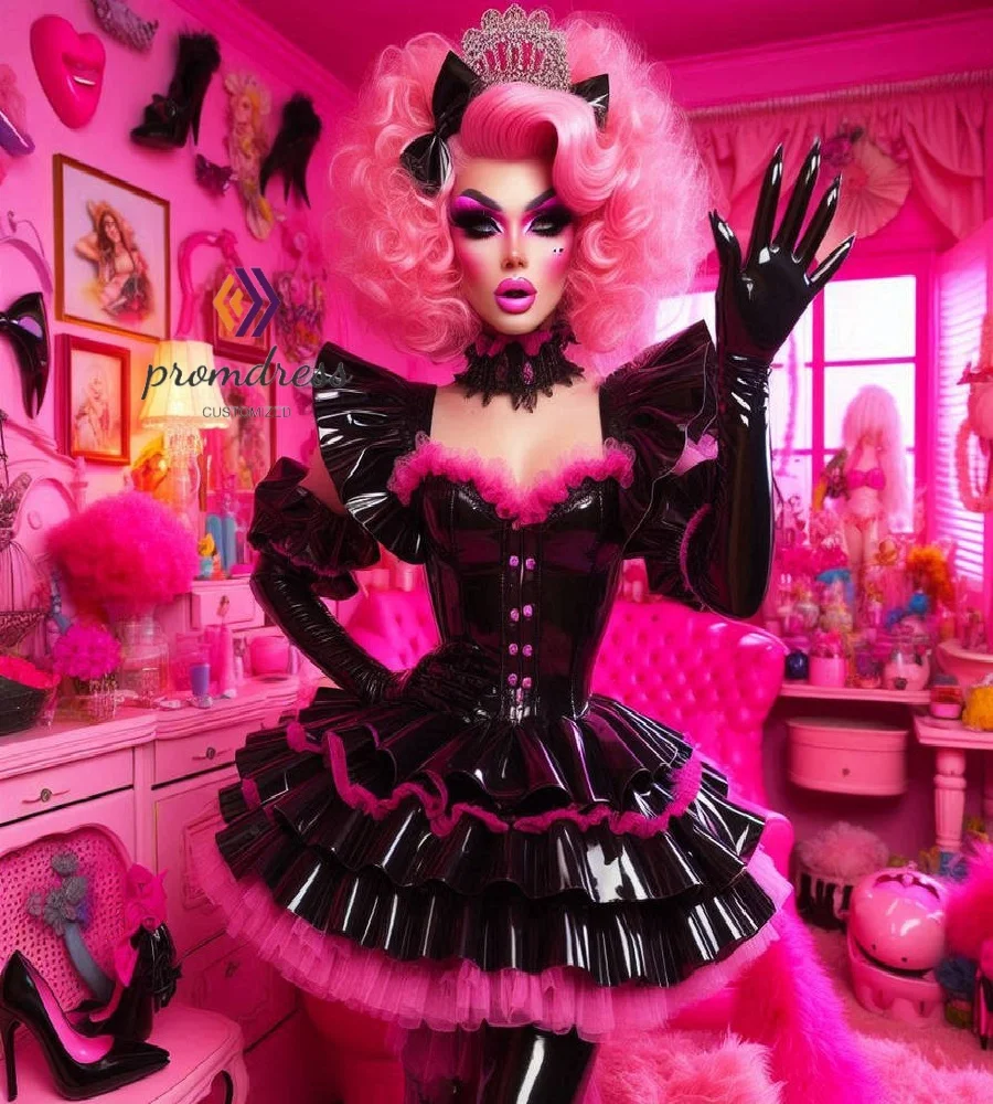 

Shimmery Black Leather Prom Dress Pvc Vampire Gothic Costume Evening Gown Mini Short Cocktail Homecoming Dress LolitaCustomized