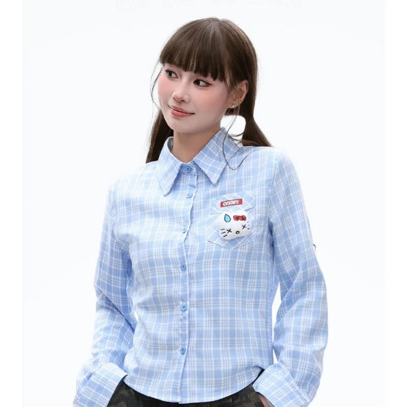 سانريو مرحبا كيتي المرأة القمصان متعة قلادة طويلة الأكمام بلايز Y2k امرأة الملابس الأمريكية قصيرة العصرية منقوشة امرأة البلوزات #3