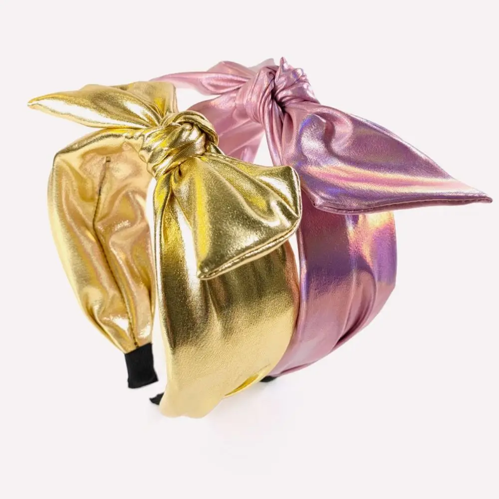 Metallic Bow Knot Headband Shiny Holographic Non Slip Hair Accessory Iridescent Rainbow Foil Twist Design