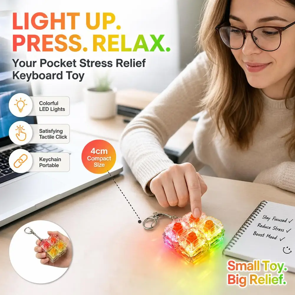 Mechanical Keyboard Fidget Toy 4-Key Switch Clicker Keychain Portable Stress Relief EDC Toy With LED Light For Programmers