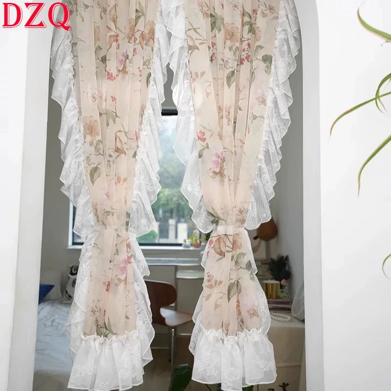 

Idyllic Peony Flowers Lace Window Tulle Curtains for Living Room Warp Ruffled Rural Gauze Door Curtain for Kitchen Bedroom #A642