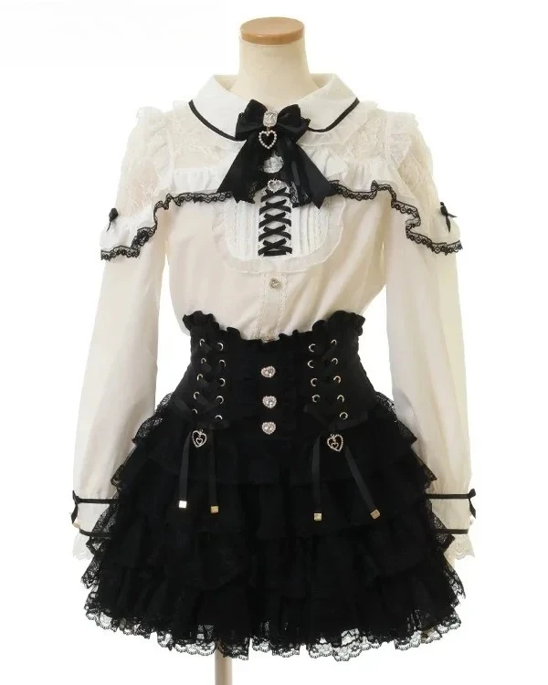 لوليتا الحلو لطيف الفتيات بلوزة تنوعا بلوزات بأكمام طويلة ليز النمط الياباني الإنتاج الضخم القوس خارج على الكتف الدانتيل قميص