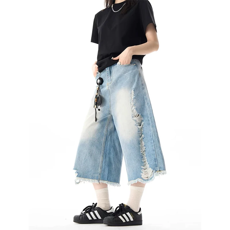 

ZHIZOU American Vintage Y2K 2000s Style Women Ripped Cropped Jeans New Fashion Hole Design Worn-out Denim Shorts Summer Trend