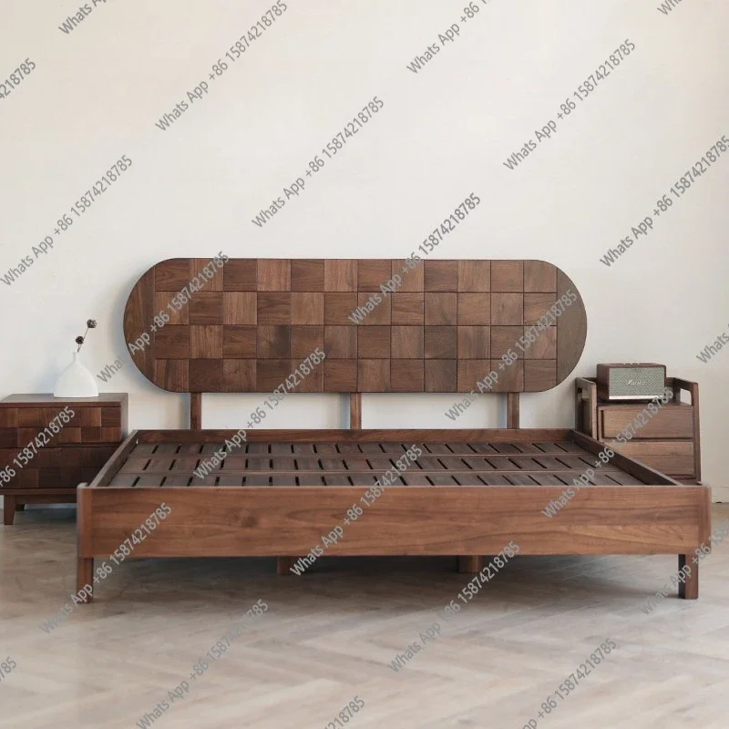 

MX Nordic Solid Wood Black Walnut Suspended Square Bed Modern Simple Japanese Double Bed Log Master Bedroom