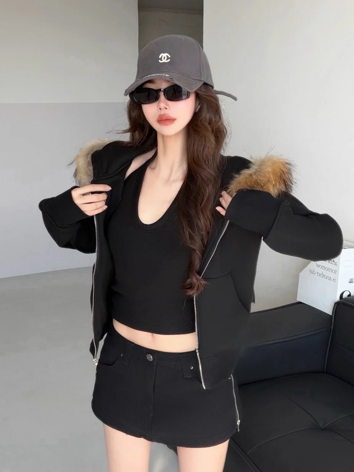 레트로 아메리칸 스타일 여성용 코트 리얼 퍼 칼라 후드 가디건 캐주얼 슬레 코튼 폴리에스터 혼방