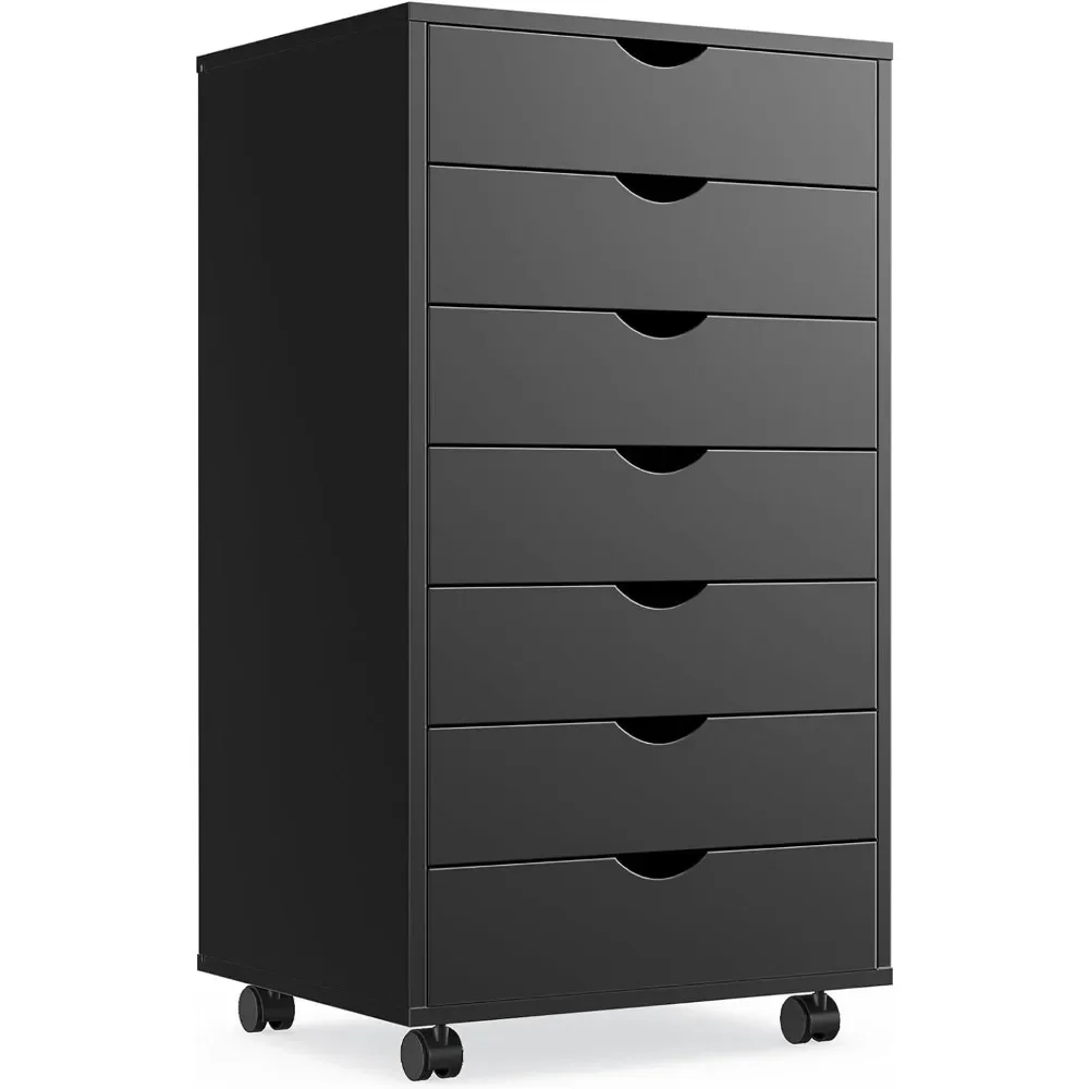 7 Drawer Chest Wood File Cabinet Rolling Organization Storage Dresser with Wheels for Home Office, Black