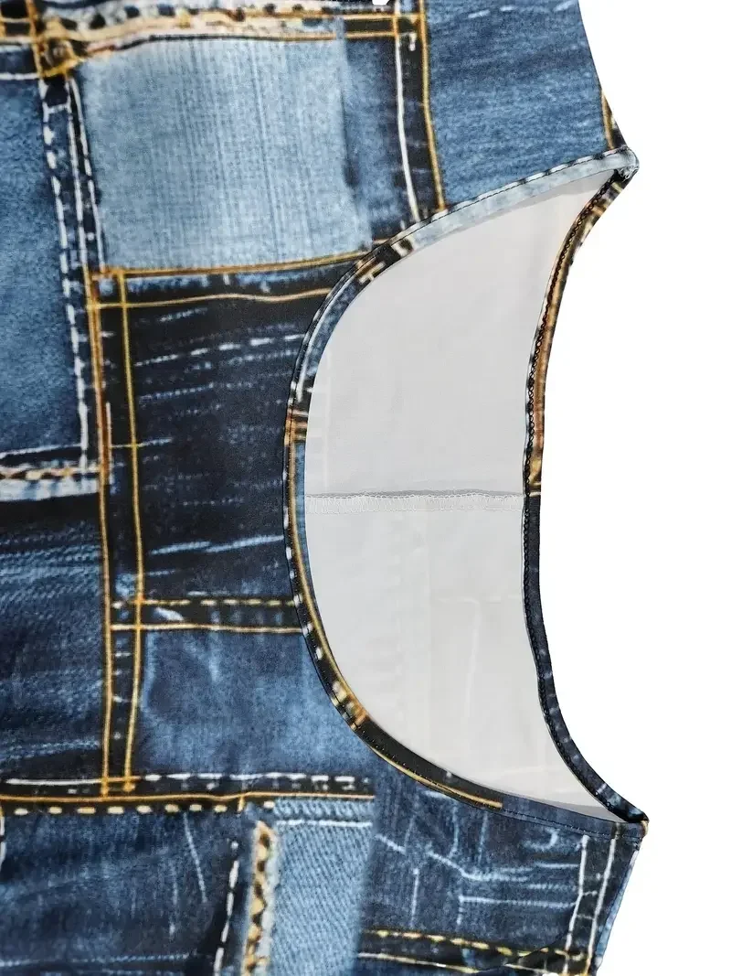 Vestido largo de verano de talla grande 1XL-5XL, vestido informal de tela vaquera a cuadros para mujer, vestido largo de verano de manga corta con cuello redondo y dobladillo acampanado