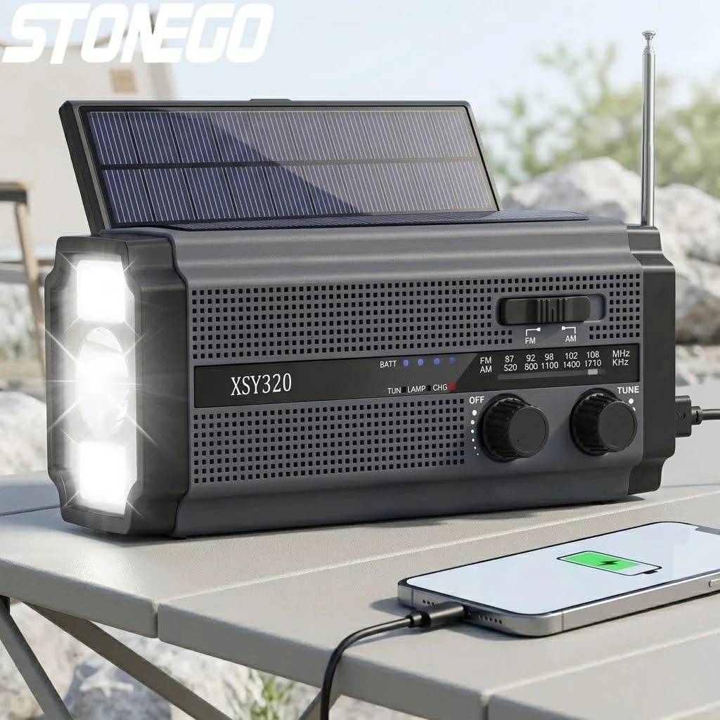 

Портативное AM/FM-радио на солнечной батарее с ручным приводом, 5000 мАч, с LED-фонариком для кемпинга, походов, выживания на природе, с функцией SOS-оповещений