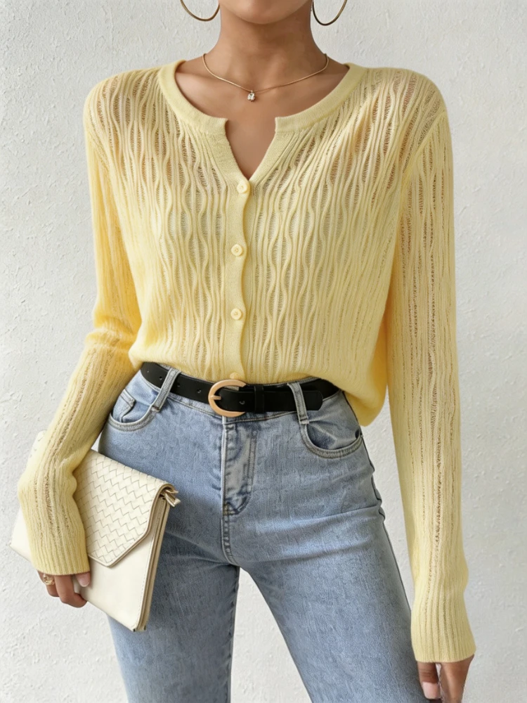 2027 New  Summer New Hollow Out Ice Silk Linen Women Cardigan Scallop O-Neck Long Sleeve Knit Cover Up Coat Solid Sweater