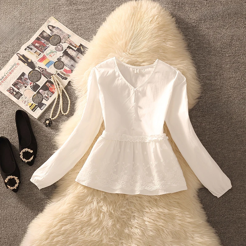 Spring Autumn Fashionable Long Sleeve Chiffon Blouse Women's Professional Shirt Gathered Hem Bubble Sleeve V Neck French Style